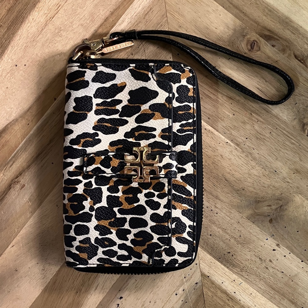 Tory Burch Animal Print Wristlet with Black and Gold Accents